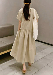 DIY Khaki O-Neck Wrinkled Patchwork Solid Cotton Long Dresses Short Sleeve