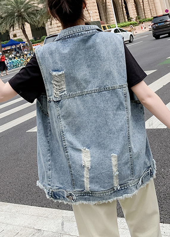 DIY Light Blue Peter Pan Collar Denim Waistcoat Sleeveless