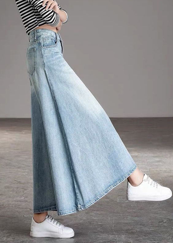 DIY Light Blue-sunflower fashion Pockets Casual Wide Leg Fall Denim Pants