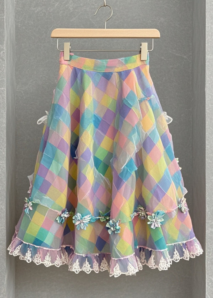 DIY Multicolor Plaid Flower Tulle Tea Skirt Summer