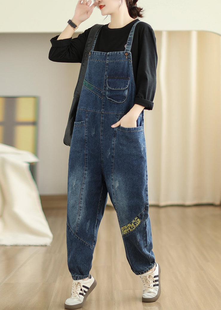 DIY Navy Embroidered Patchwork Denim Jumpsuits Spring