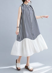 DIY Navy Stand Collar Patchwork Striped Dresses Sleeveless