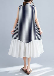 DIY Navy Stand Collar Patchwork Striped Dresses Sleeveless