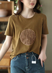 DIY Orange O-Neck Patchwork Cotton T Shirt Short Sleeve