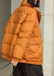 DIY Orange Stand Collar Zip Up Pockets Duck Down Jacket In Winter