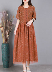 DIY Orange Tie Waist Embroideried Floral Tulle Dress Short Sleeve