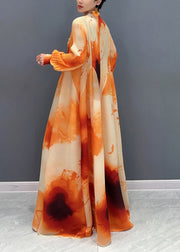 DIY Orange Turtleneck Print Patchwork Vacation Long Dresses Lantern Sleeve