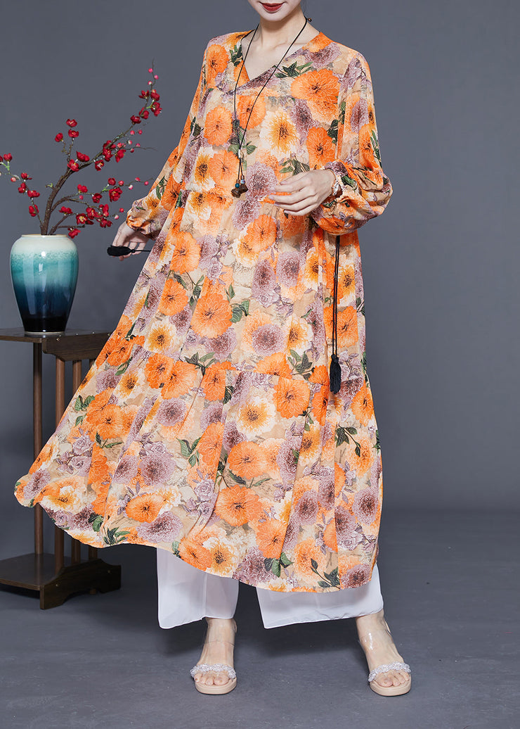 DIY Orange V Neck Cinched Print Chiffon Holiday Dress Spring