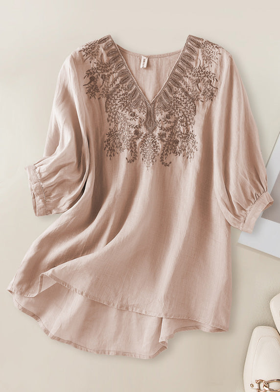 DIY Orange V Neck Embroideried Low High Design Linen Top Half Sleeve