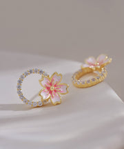 DIY Pink 14K Gold Zircon Oil Drip Floral Stud Earrings