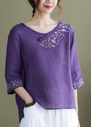 DIY purple-full of flowers Embroideried side open Half Sleeve Top