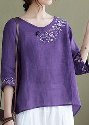 DIY purple-full of flowers Embroideried side open Half Sleeve Top