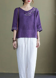 DIY purple-full of flowers Embroideried side open Half Sleeve Top