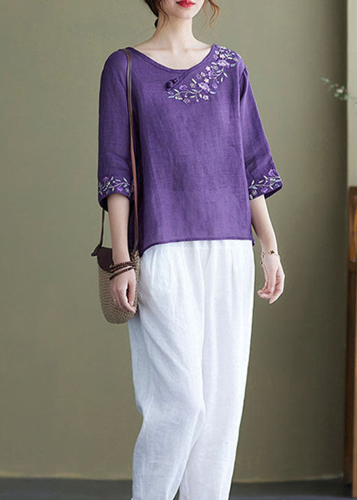 DIY purple-full of flowers Embroideried side open Half Sleeve Top