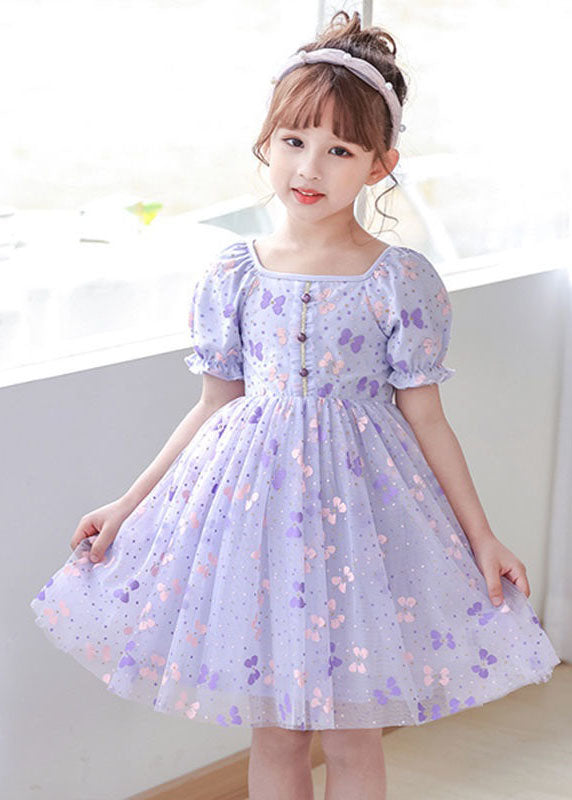 DIY Purple Square Collar Wrinkled Print Patchwork Tulle Baby Girls Dresses Summer