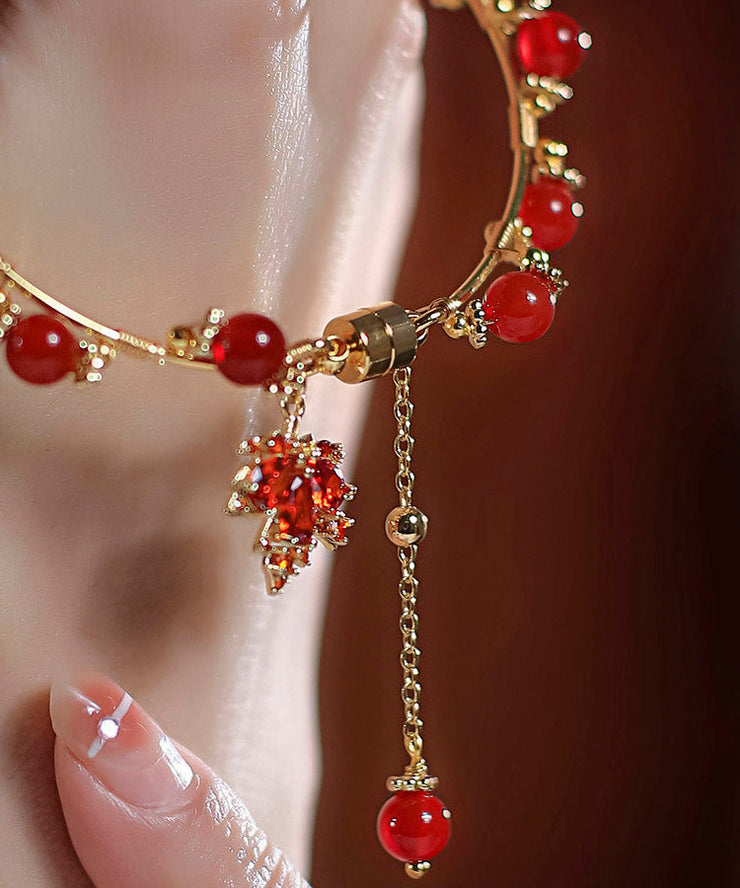 DIY Red 14K Gold Agate Maple Leaves Charm Bracelet