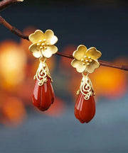 DIY Red Ancient Silver Inlaid Agate Floral Drop Earrings