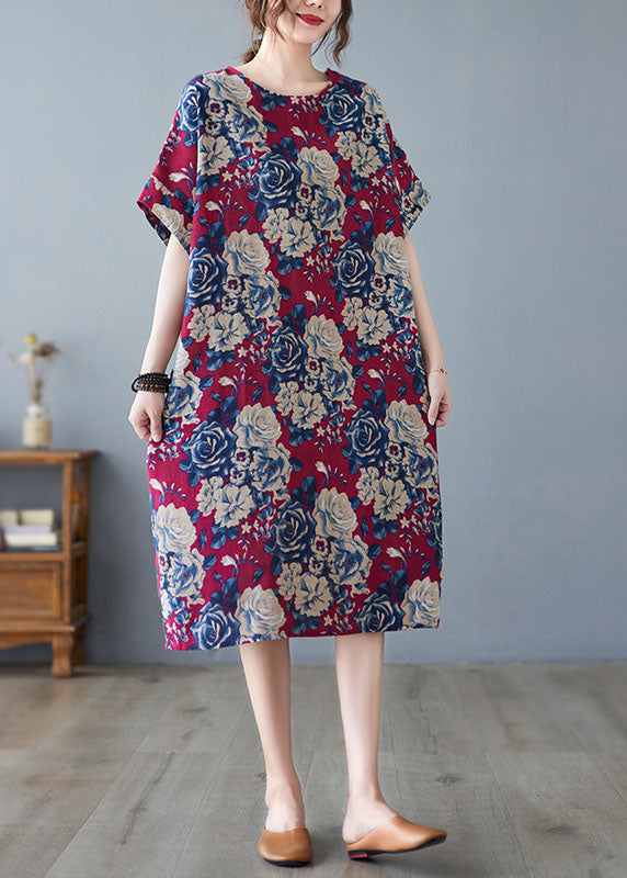 DIY Red O-Neck Floral Print Pockets Cotton Holiday Dress Short Sleeve