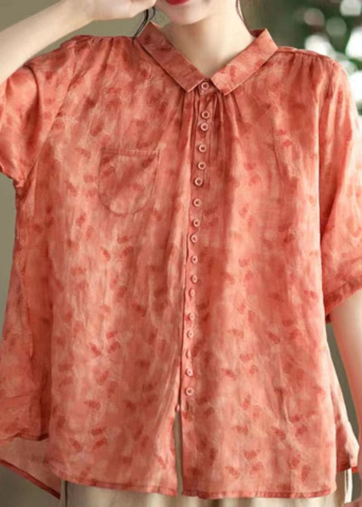 DIY Red Peter Pan Collar Print Patchwork Linen Blouses Summer