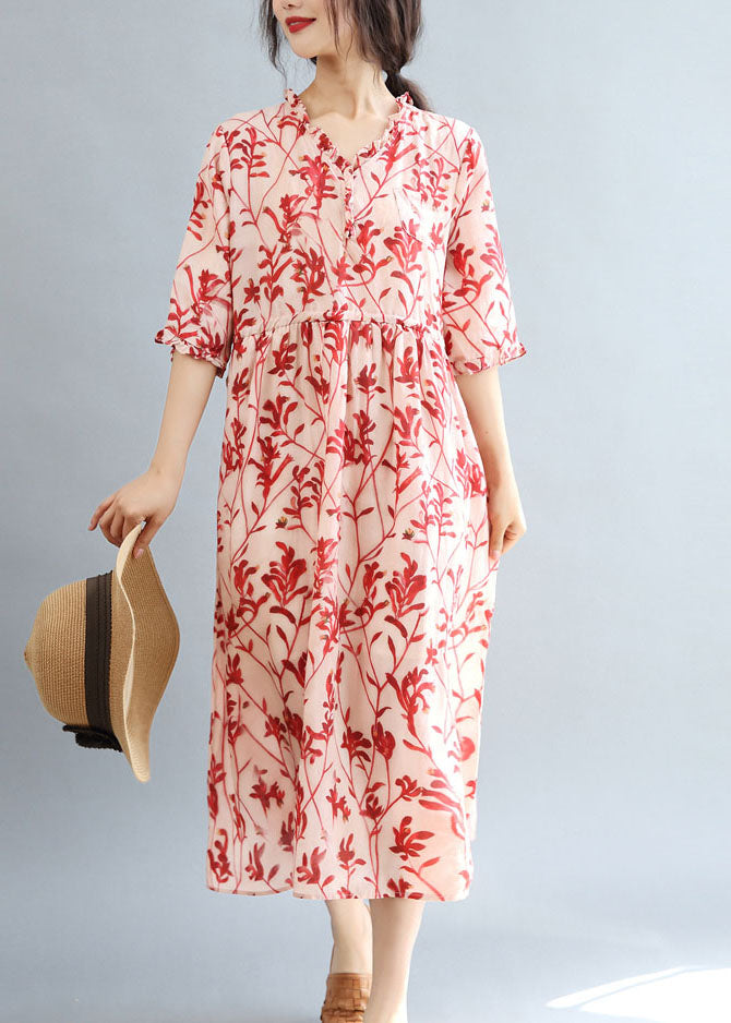 DIY Red Ruffled Print Linen Holiday Dress Half Sleeve