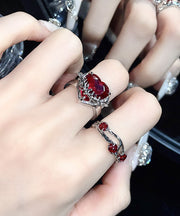 DIY Red Stainless Steel Zircon Rose And Love Rings Two piece Set