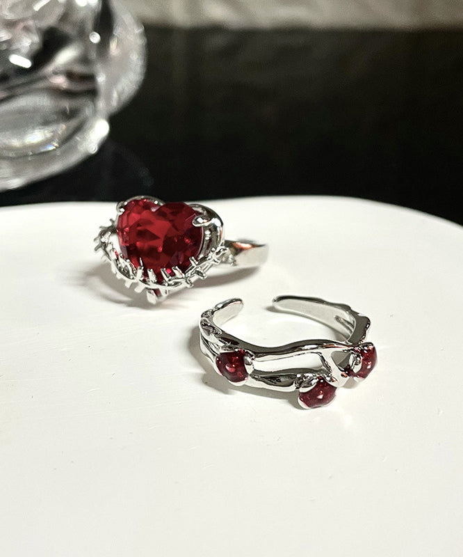 DIY Red Stainless Steel Zircon Rose And Love Rings Two piece Set