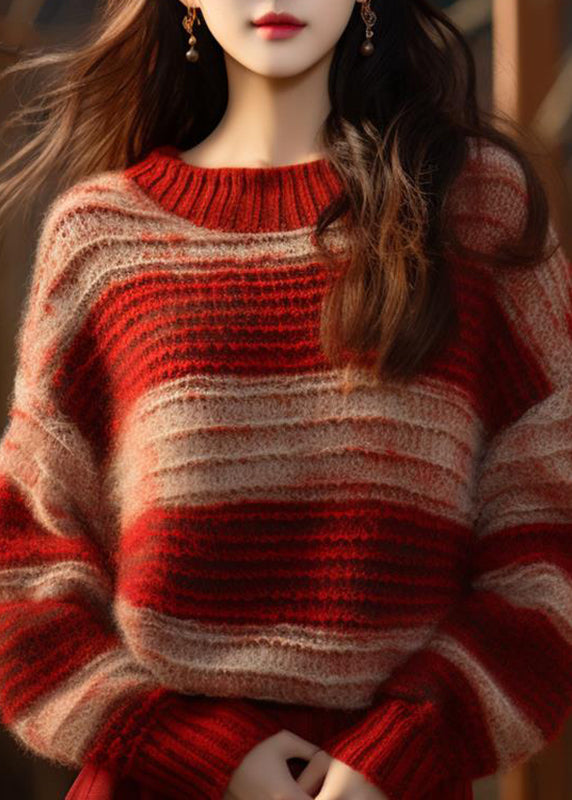 DIY Red Stand Collar Striped Patchwork Cotton Knit Sweater Fall