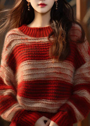 DIY Red Stand Collar Striped Patchwork Cotton Knit Sweater Fall