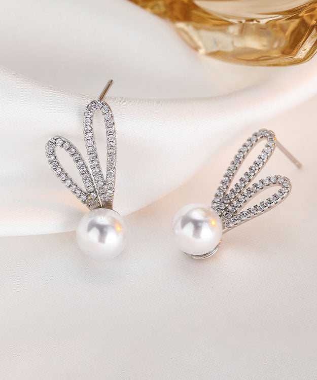 DIY Silk Sterling Silver Zircon Pearl Little Rabbit Stud Earrings