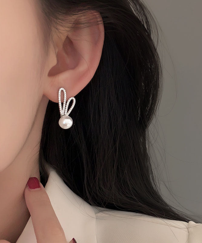 DIY Silk Sterling Silver Zircon Pearl Little Rabbit Stud Earrings