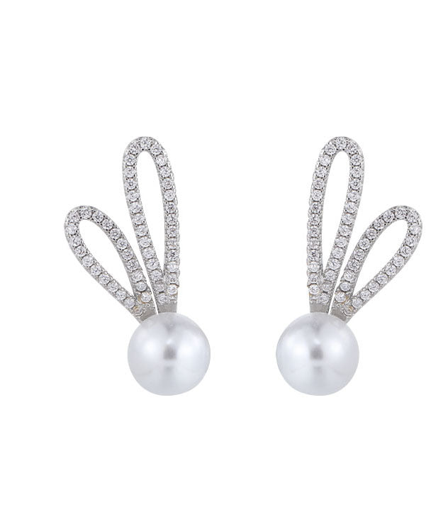 DIY Silk Sterling Silver Zircon Pearl Little Rabbit Stud Earrings