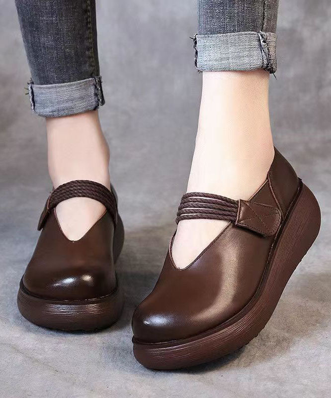 DIY Splicing Chunky High Wedge Heels Shoes Brown Cowhide Leather