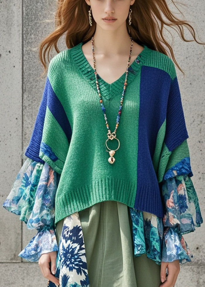 DIY Tea Green Oversized Patchwork Print Knit Sweater Tops Fall