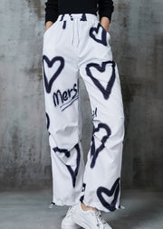 DIY White Love Painting Drawstring Cotton Pants Spring