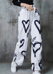 DIY White Love Painting Drawstring Cotton Pants Spring