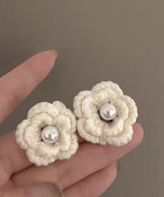 DIY White Pearl Knitting Wool Floral Stud Earrings