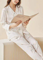 DIY White Peter Pan Collar Print Ice Silk Pajamas Two Pieces Set Spring