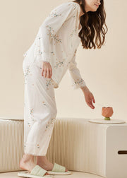 DIY White Peter Pan Collar Print Ice Silk Pajamas Two Pieces Set Spring