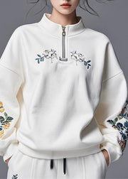 DIY White Stand Collar Zippered Patchwork Fall Sweatshirts Top