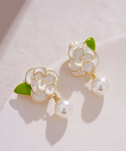 DIY White Sterling Silver Overgild Enamer Pearl Floral Drop Earrings