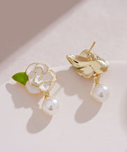 DIY White Sterling Silver Overgild Enamer Pearl Floral Drop Earrings