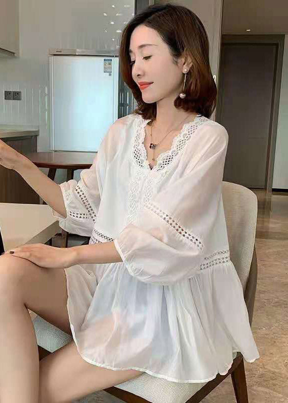 DIY White V Neck Lace Patchwork Shirt Puff Sleeve