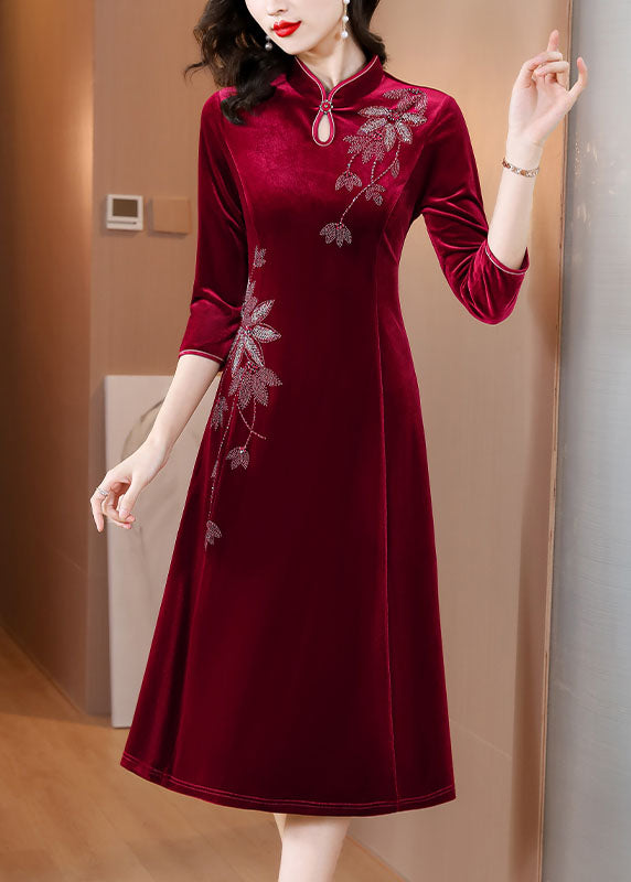 DIY Wine Red Embroidered Slim Silk Velour Long Dress Fall