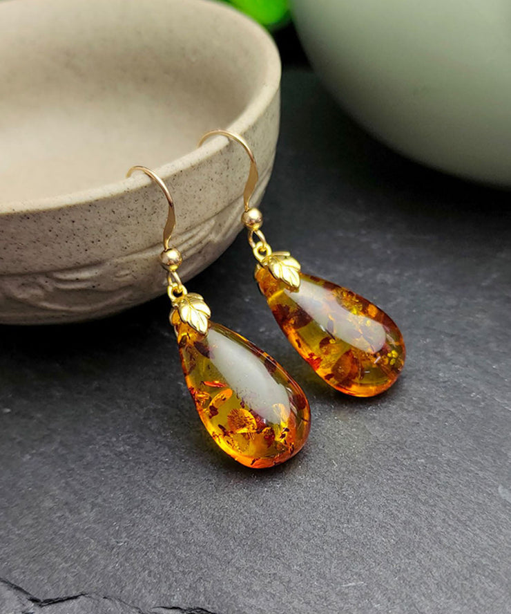 DIY Yellow 14K Gold Amber Water Drop Drop Earrings