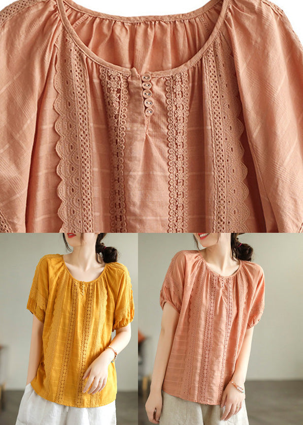 DIY Yellow Lace Patchwork Cotton Shirts Short Sleeve