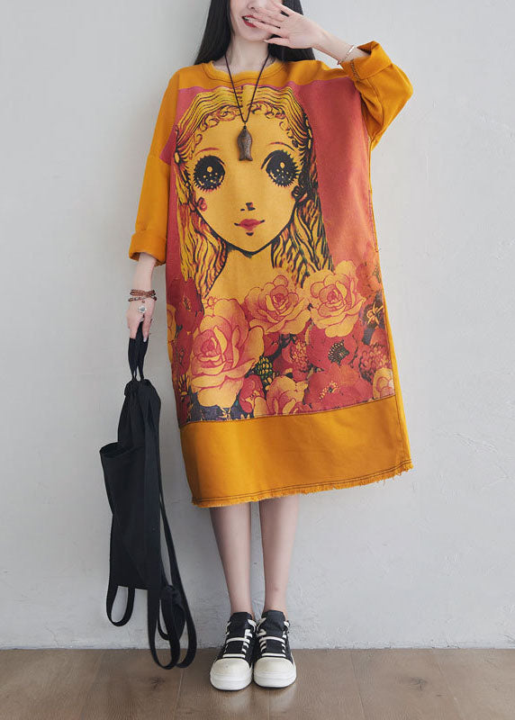 DIY Yellow O Neck Cartoon Print Cotton Long Dress Spring