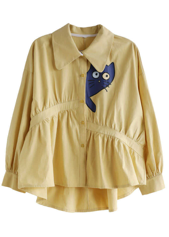 DIY Yellow Peter Pan Collar Asymmetrical Wrinkled Cat Applique Cotton Shirt Long Sleeve