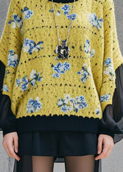 DIY Yellow Print Patchwork Knit Loose Sweaters Fall