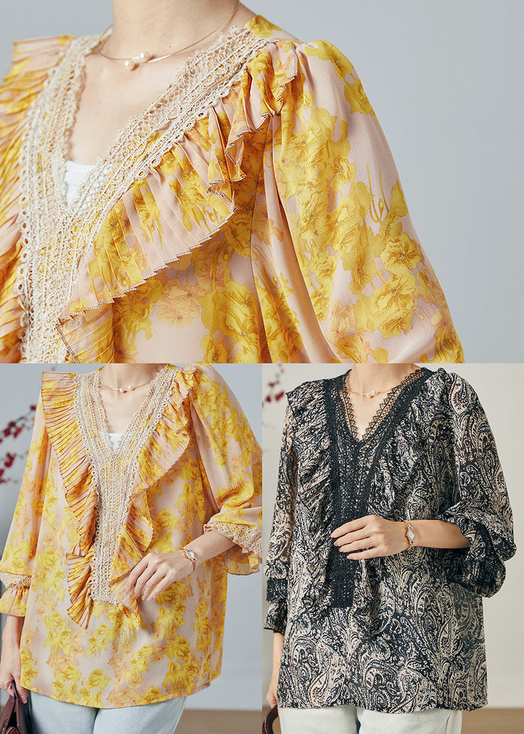 DIY Yellow Ruffled Print Chiffon Top Summer