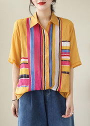 DIY Yellow Striped Zircon Patchwork Cotton Shirts Tops Summer